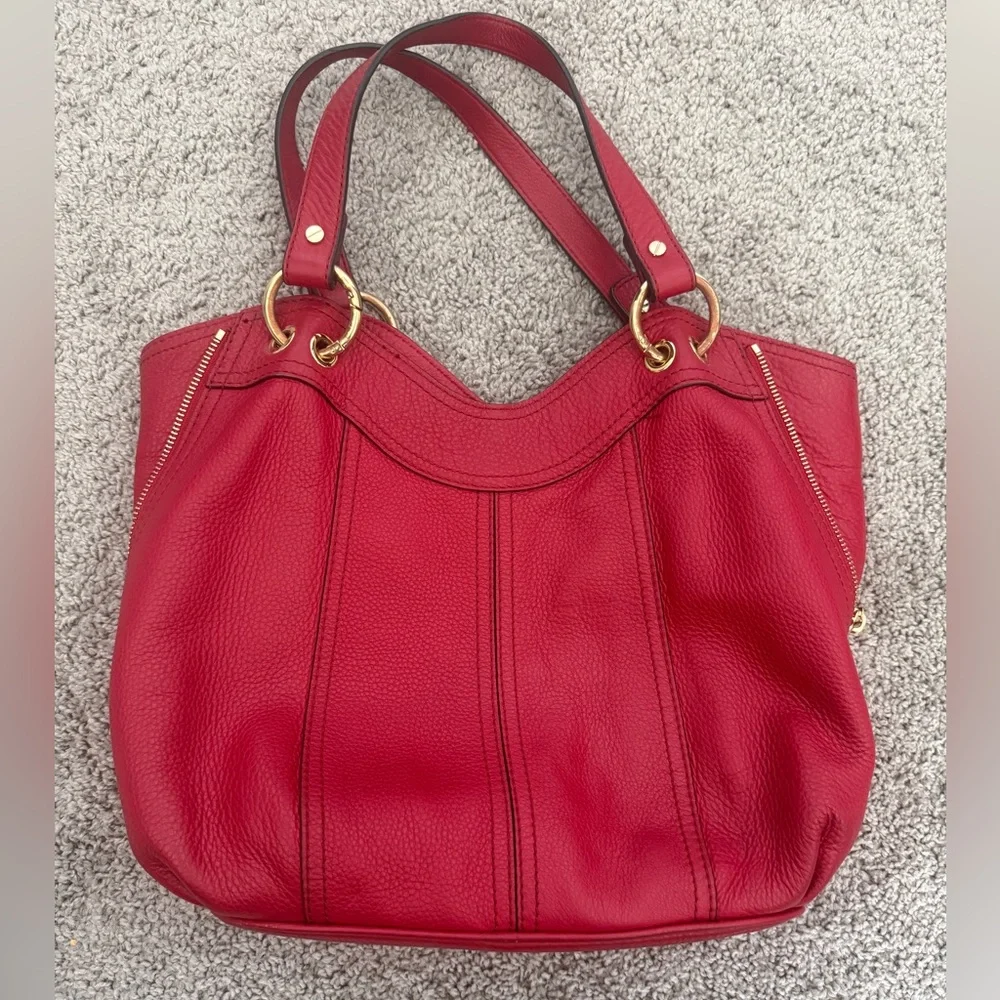 Michael Kors Red Leather‎ Tote Bag Gold Hardware Zip Accents Shoulder Bag